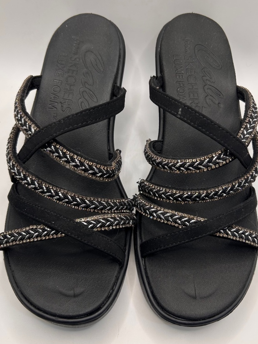 Women's Skechers Luxe Foam Strappy Sparkly Wedge Sandals Size 10. Like new